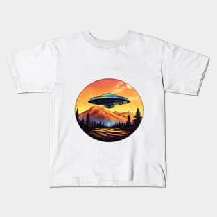 UFO flying over the mountains Kids T-Shirt